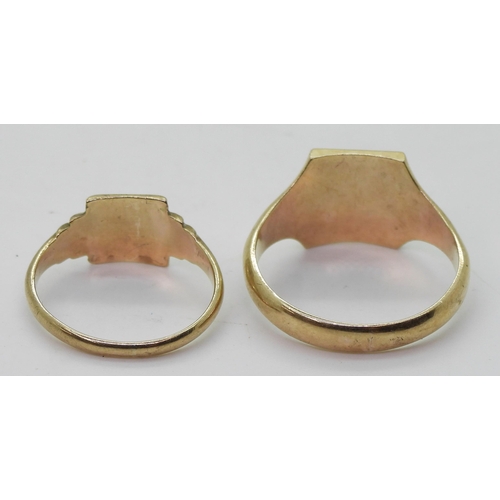 851 - Two 9ct gold signet rings, sizes V, and N1/2, weight together 7gms