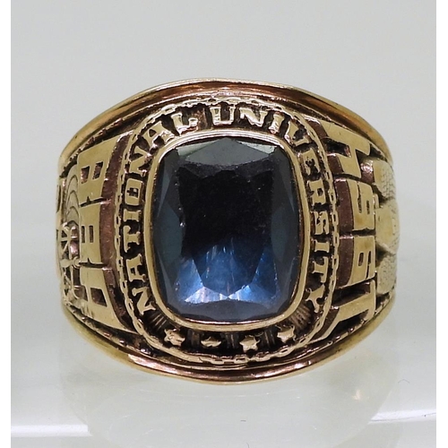 856 - A 10K gold Jostens brand National University BBA 1964, set with a blue glass gem, size T, weight 9.4... 