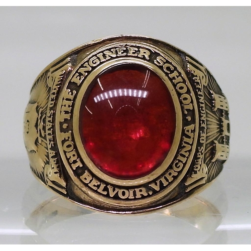 858 - A 10k gold Balfour brand American college ring, set with a red glass gem, for The Engineer School, B... 