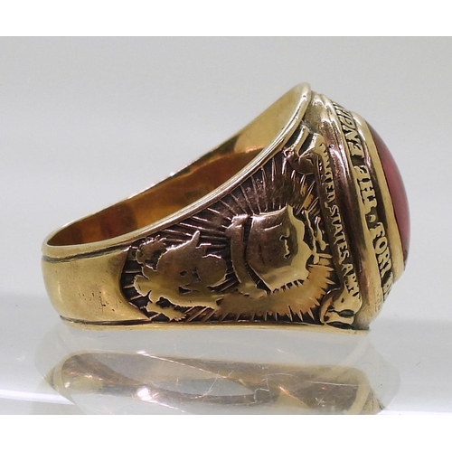 858 - A 10k gold Balfour brand American college ring, set with a red glass gem, for The Engineer School, B... 