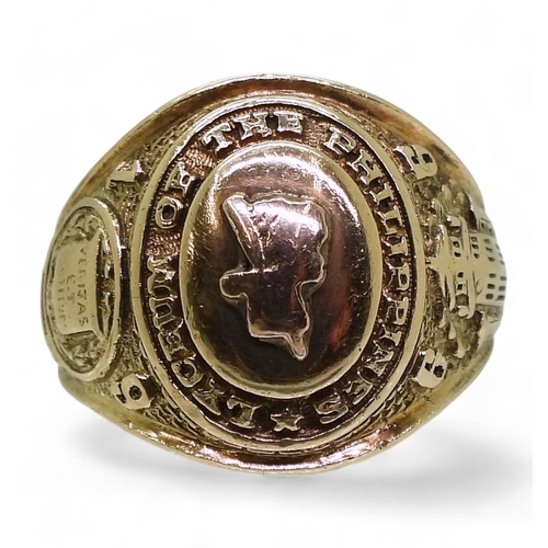 867 - A 14k gold American style College ring, embossed Lyceum of The Philippines 1966, size R1/2, weight 1... 