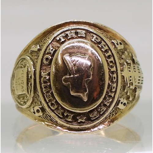 867 - A 14k gold American style College ring, embossed Lyceum of The Philippines 1966, size R1/2, weight 1... 