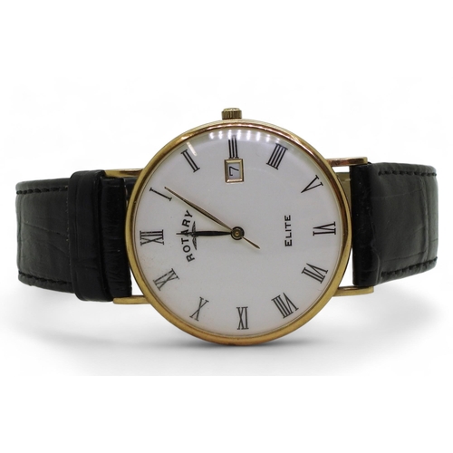 874 - A 9ct gold Rotary Elite watch, with black leather strap, weight 24.6gms