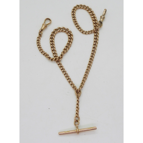 877 - A 9ct gold double fob chain, hallmarked to every link, the 'T'bar and clasp, length 40cm, weight 26.... 