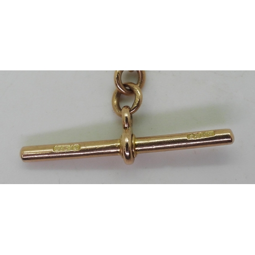 877 - A 9ct gold double fob chain, hallmarked to every link, the 'T'bar and clasp, length 40cm, weight 26.... 