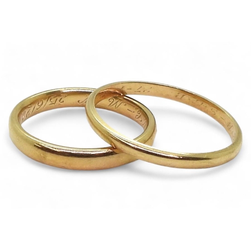 887 - Two 18ct gold wedding rings, sizes Z1/2, and T1/2, weight combined 8.2gms 