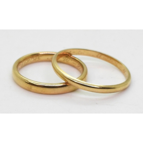 887 - Two 18ct gold wedding rings, sizes Z1/2, and T1/2, weight combined 8.2gms 