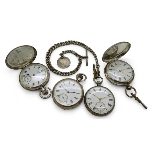 904 - Four silver pocket watches, a silver full hunter, hallmarked London 1876, a Waltham full hunter , ha... 