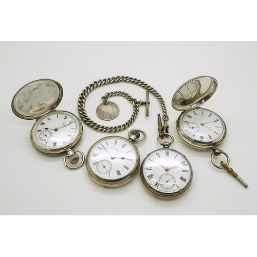 904 - Four silver pocket watches, a silver full hunter, hallmarked London 1876, a Waltham full hunter , ha... 