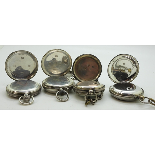 904 - Four silver pocket watches, a silver full hunter, hallmarked London 1876, a Waltham full hunter , ha... 