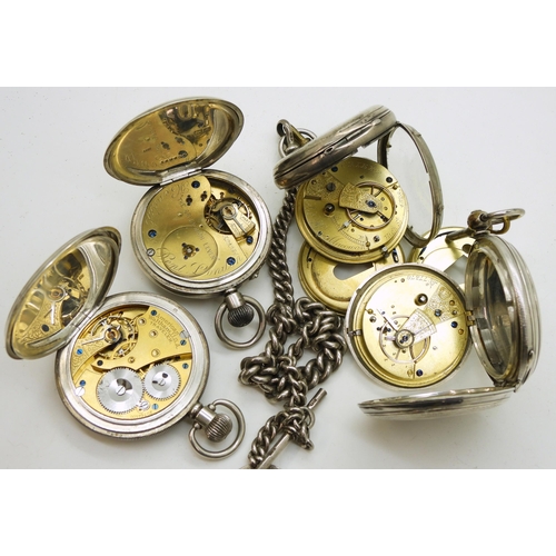 904 - Four silver pocket watches, a silver full hunter, hallmarked London 1876, a Waltham full hunter , ha... 