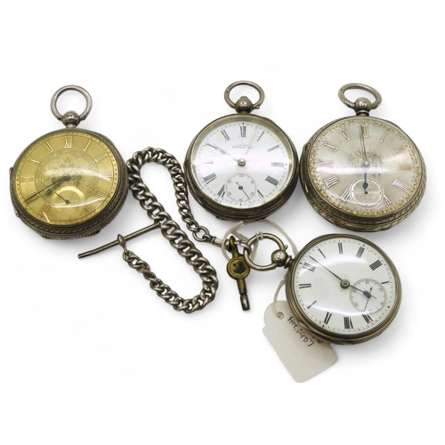 905 - Four silver pocket watches, a silver open face pocket watch with decorative silver and yellow metal ... 