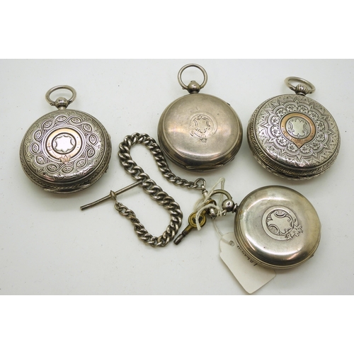 905 - Four silver pocket watches, a silver open face pocket watch with decorative silver and yellow metal ... 