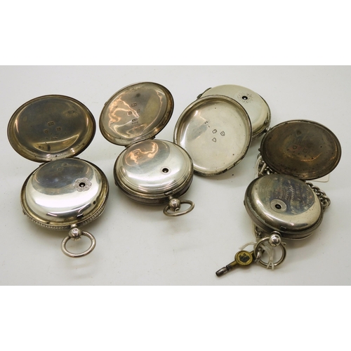 905 - Four silver pocket watches, a silver open face pocket watch with decorative silver and yellow metal ... 