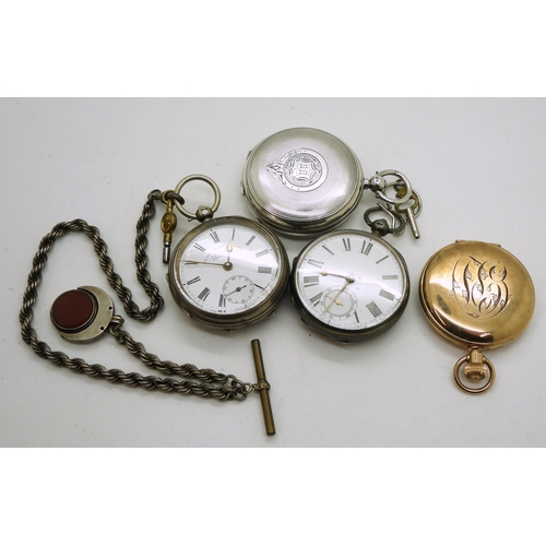 906 - Two open face pocket watches, The express English lever, Birmingham 1901, with white metal rope chai... 