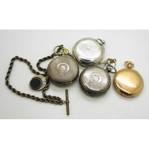 906 - Two open face pocket watches, The express English lever, Birmingham 1901, with white metal rope chai... 