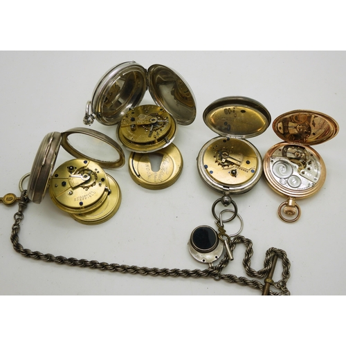 906 - Two open face pocket watches, The express English lever, Birmingham 1901, with white metal rope chai... 