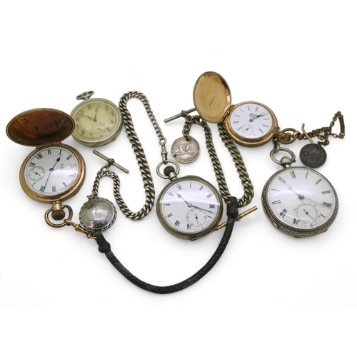 907 - A collection of pocket watches, a silver open face pocket watch, hallmarked 1891, with base metal fo... 