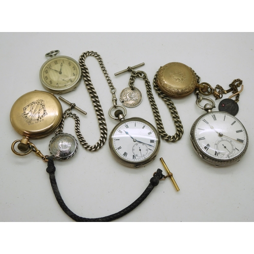 907 - A collection of pocket watches, a silver open face pocket watch, hallmarked 1891, with base metal fo... 