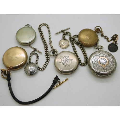 907 - A collection of pocket watches, a silver open face pocket watch, hallmarked 1891, with base metal fo... 