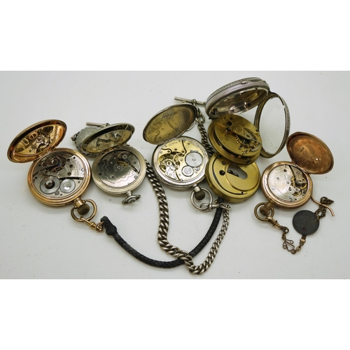 907 - A collection of pocket watches, a silver open face pocket watch, hallmarked 1891, with base metal fo... 