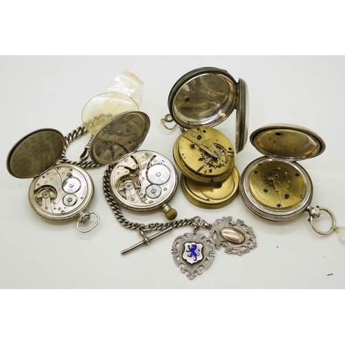 908 - A collection of pocket watches, a silver full hunter, signed Pain Brothers, Hastings, hallmarked Bir... 