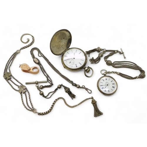 917 - A white metal full hunter 'Patent Lever' pocket watch, a continental silver fob watch, with a decora... 