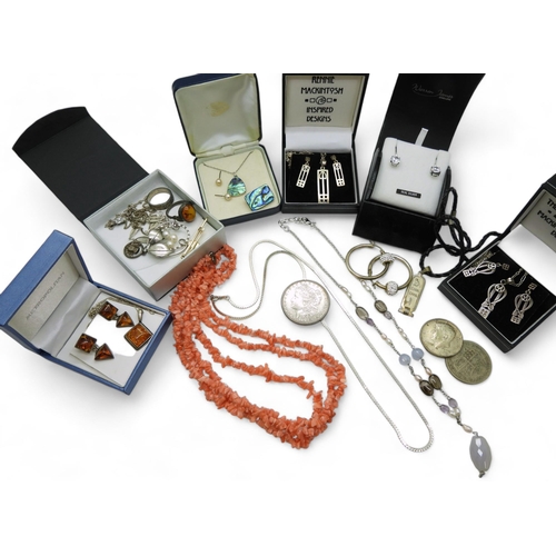 922 - Silver Macintosh jewellery, amber earrings and pendant, paua shell items, a 1898 silver dollar coin ... 