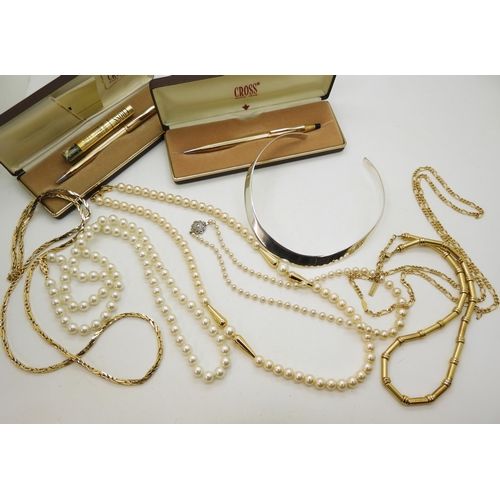 925 - A silver torc necklace, A Cross gold plated pen and pencil set, two Napier costume jewellery chains ... 