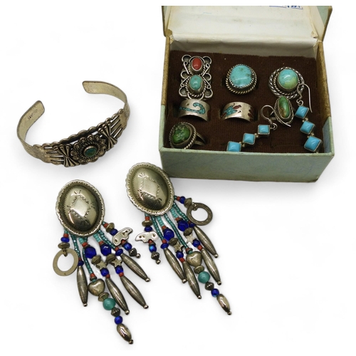 928 - A collection of first nation Navajo & Hopi jewellery, the bangle stamped Sanford, two turquoise ... 