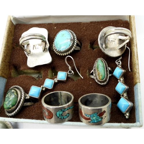 928 - A collection of first nation Navajo & Hopi jewellery, the bangle stamped Sanford, two turquoise ... 