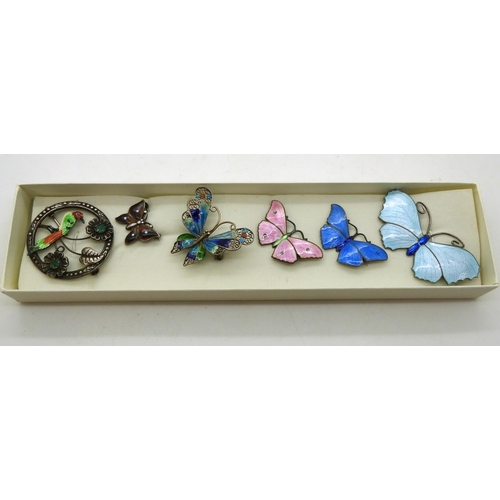 930 - Five silver and enamel butterfly brooches, an Italian filigree butterfly, stamped 800, the little br... 