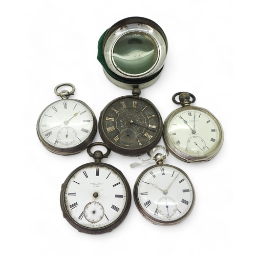 934 - Five silver pocket watches to include a open face pocket watch hallmarked 1872, the movement signed ... 