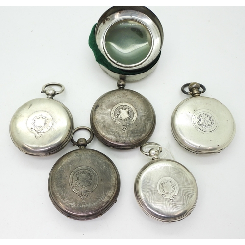 934 - Five silver pocket watches to include a open face pocket watch hallmarked 1872, the movement signed ... 