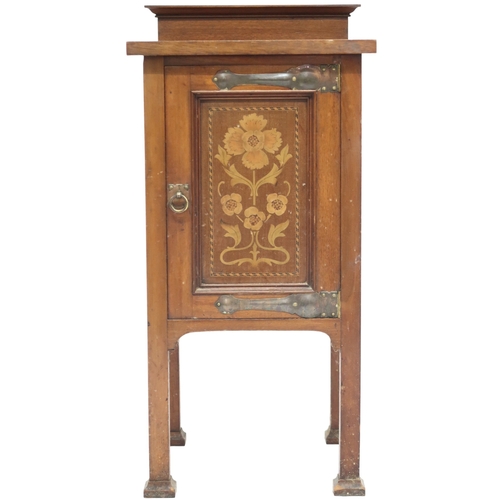 2037 - AN OAK AFTER SHAPLAND & PETTER ARTS & CRAFTS BEDSIDE CABINET with floral inlaid panel door w... 