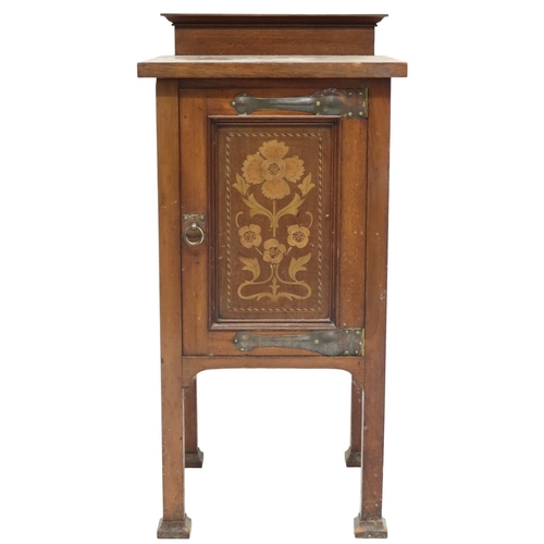 2037 - AN OAK AFTER SHAPLAND & PETTER ARTS & CRAFTS BEDSIDE CABINET with floral inlaid panel door w... 