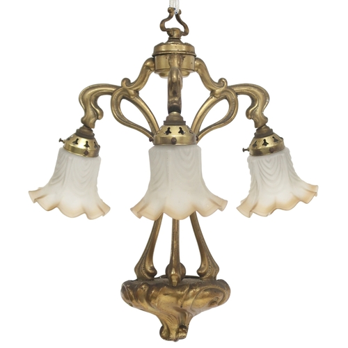 2042 - A PAIR OF 20TH CENTURY BRASS ART NOUVEAU STYLE THREE BRANCH CHANDELIERS(lacking three of the moulded... 