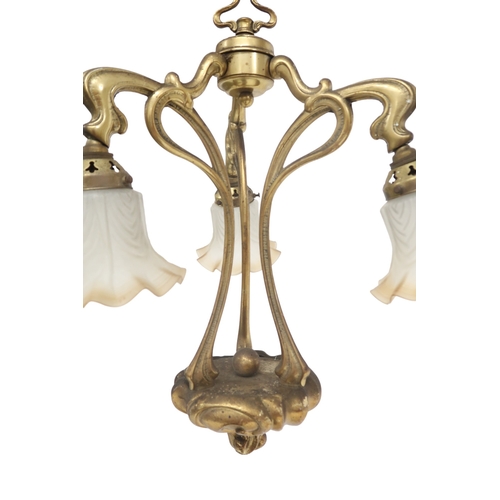 2042 - A PAIR OF 20TH CENTURY BRASS ART NOUVEAU STYLE THREE BRANCH CHANDELIERS(lacking three of the moulded... 