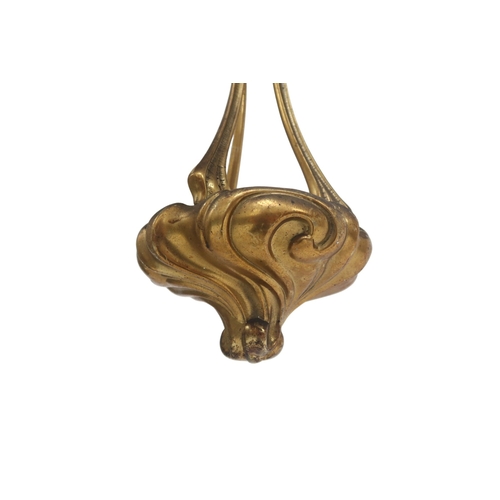 2042 - A PAIR OF 20TH CENTURY BRASS ART NOUVEAU STYLE THREE BRANCH CHANDELIERS(lacking three of the moulded... 