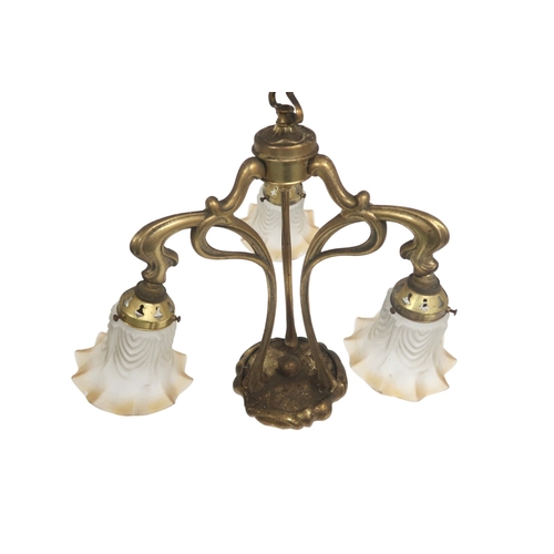 2042 - A PAIR OF 20TH CENTURY BRASS ART NOUVEAU STYLE THREE BRANCH CHANDELIERS(lacking three of the moulded... 