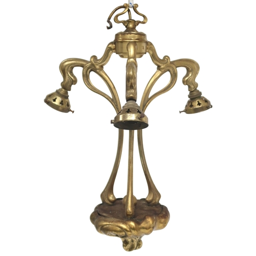 2042 - A PAIR OF 20TH CENTURY BRASS ART NOUVEAU STYLE THREE BRANCH CHANDELIERS(lacking three of the moulded... 