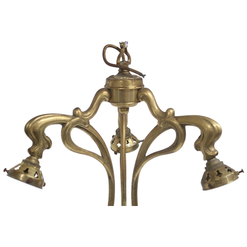 2042 - A PAIR OF 20TH CENTURY BRASS ART NOUVEAU STYLE THREE BRANCH CHANDELIERS(lacking three of the moulded... 