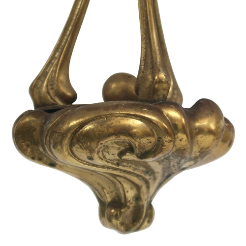 2042 - A PAIR OF 20TH CENTURY BRASS ART NOUVEAU STYLE THREE BRANCH CHANDELIERS(lacking three of the moulded... 