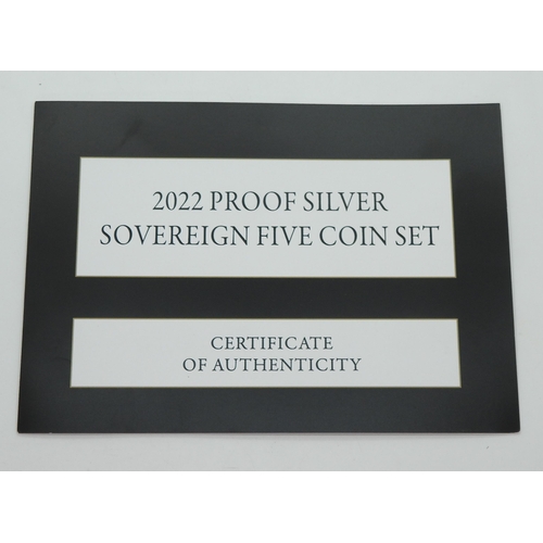 302 - Elizabeth II (1952-2022) 2022 Proof Silver Sovereign Five Coin Set with COA and presentation bo... 