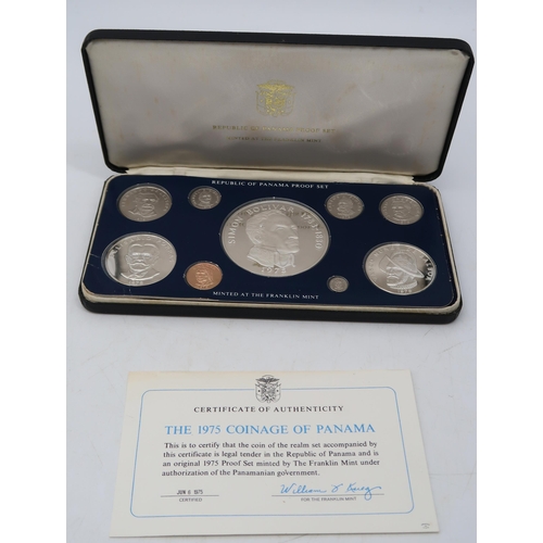 312 - Franklin Mint The 1975 Coinage Of The Republic Of Panama Nine Coin Set together with The 1974 Coinag... 