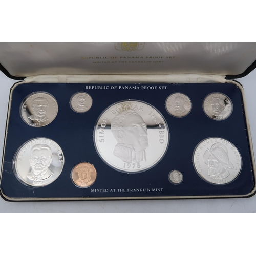 312 - Franklin Mint The 1975 Coinage Of The Republic Of Panama Nine Coin Set together with The 1974 Coinag... 