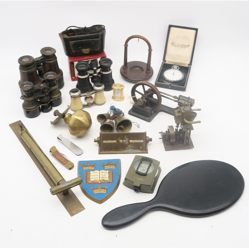 379 - A mixed lot, comprising two miniature steam piston engines, a padouk pocket watch stand, binoculars/... 