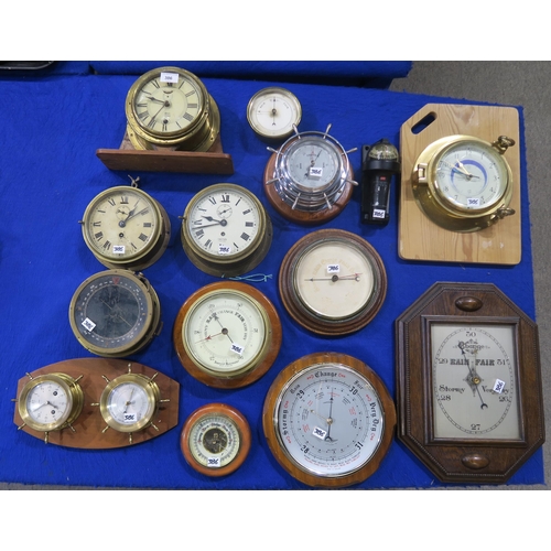 386 - Three brass ship's bulkhead clocks, to include a Smiths Empire example; a WW2 Type P4A aircraft comp... 