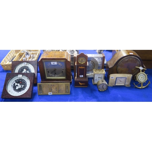 391 - Assorted clocks, to include a brass rectangular desk calendar/barometer/thermometer timepiece by Bad... 