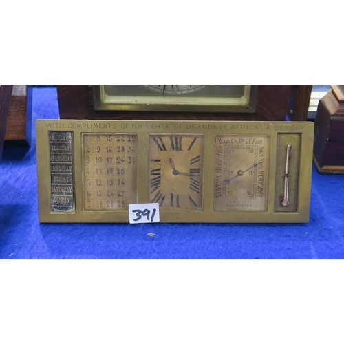 391 - Assorted clocks, to include a brass rectangular desk calendar/barometer/thermometer timepiece by Bad... 